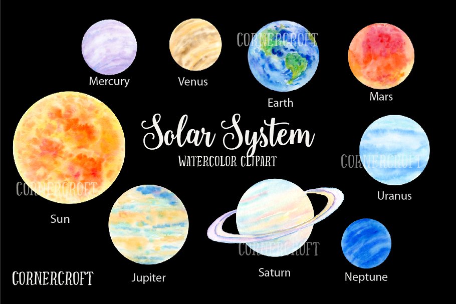 太阳系行星水彩剪切画 Watercolour Solar System插图2