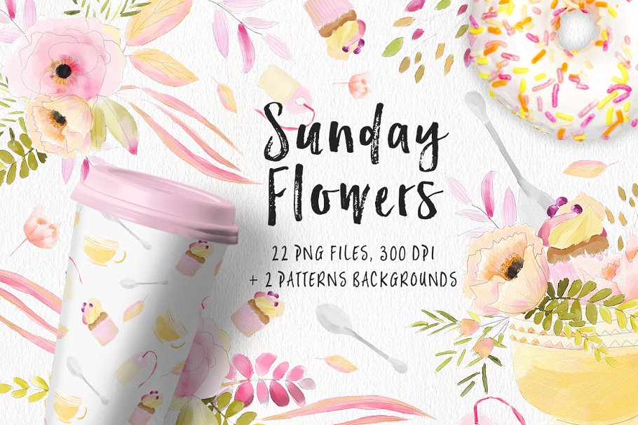 清新淡雅风格水彩花卉插画素材 Sunday’s Flowers插图