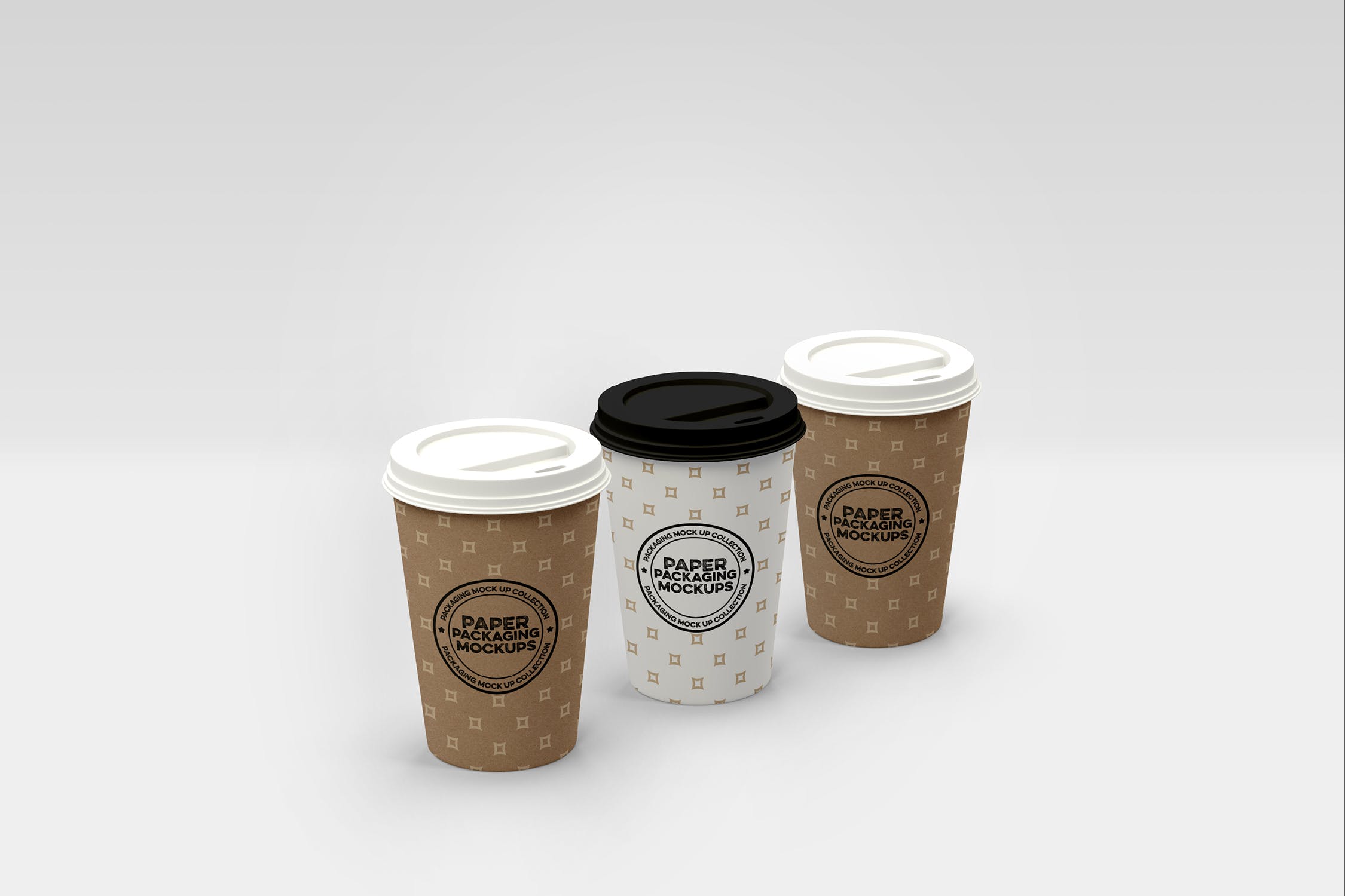 三个装纸杯饮料外带包装设计样机模板 Three Cup Paper Carrier Packaging Mockup插图(1)