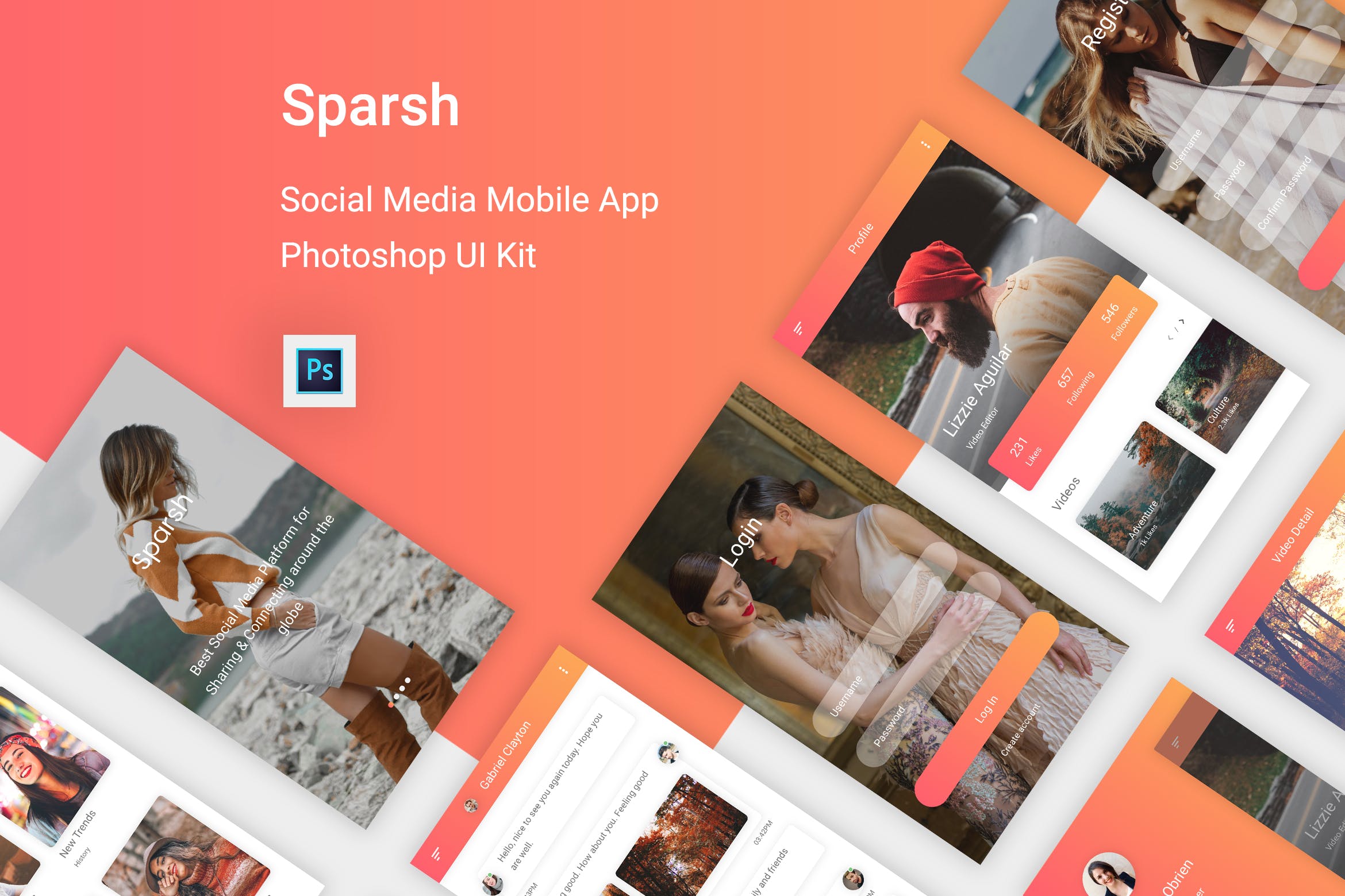 社交APP交友应用UI界面设计PSD模板 Sparsh – Social Media Mobile App for Photoshop插图