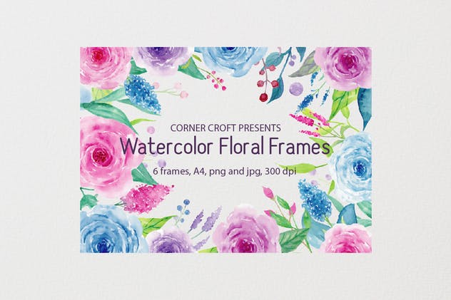 蓝色&紫色水彩花卉框架插画 Watercolor Floral Frame Blue and Purple插图(5)