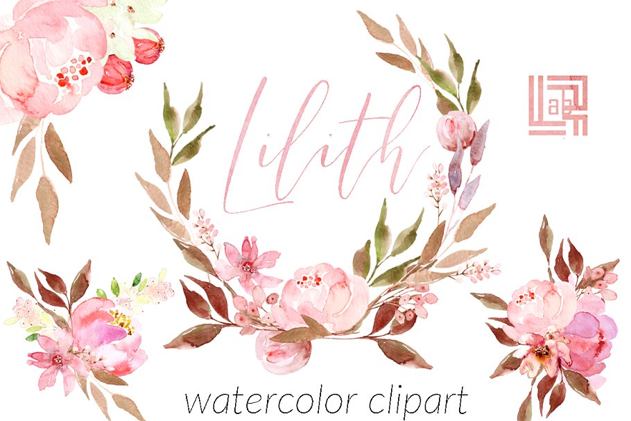 粉色水彩花卉剪贴画 Lilith. Pink watercolour flowers插图(1)