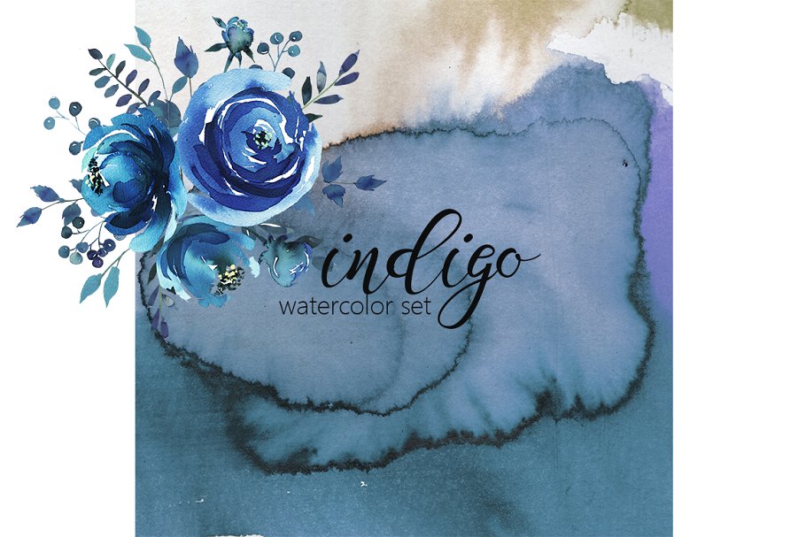 靛蓝水彩花卉剪贴画 Indigo Blue Watercolor Flowers Set插图7