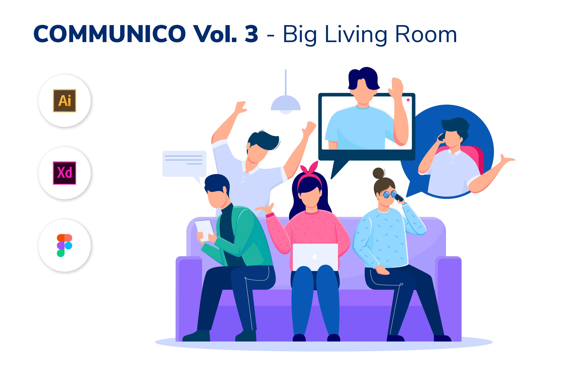 社交场景v3-大客厅矢量插画设计素材 COMMUNICO VOL. 3 – Big Living Room插图