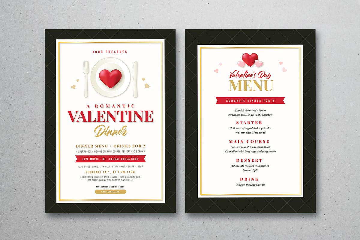 情人节主题套餐菜单设计模板 Valentine Dinner & Menu Template插图