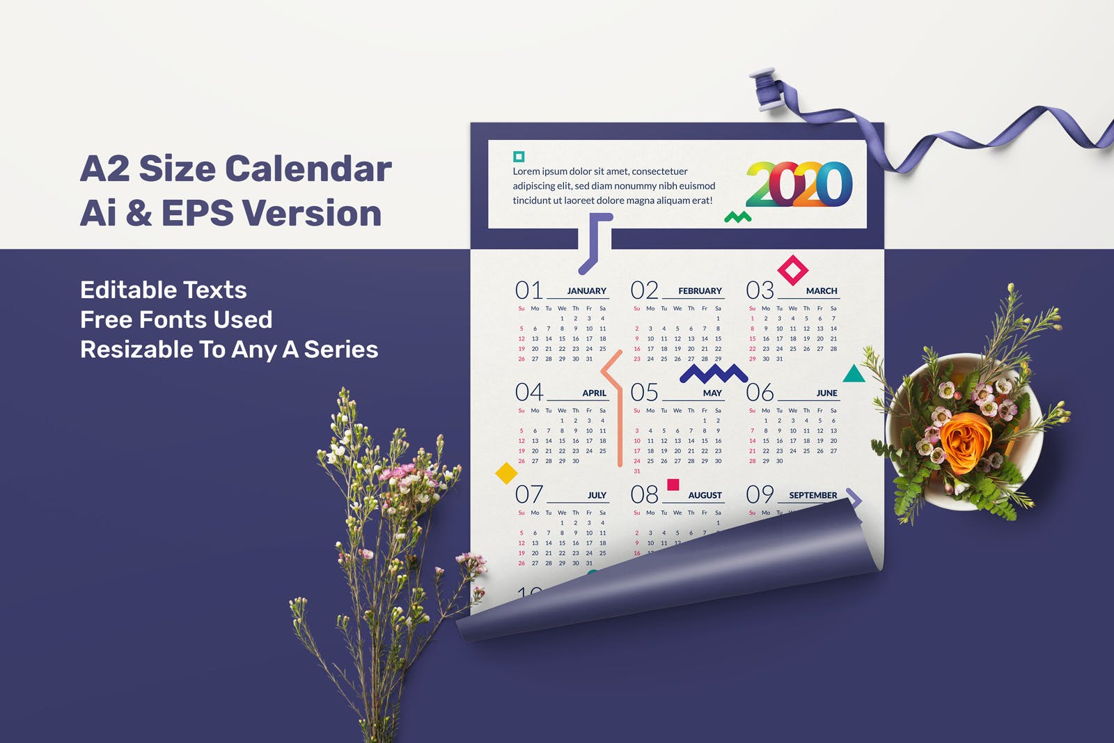 抽象几何设计风格2020年单页日历表设计模板 Geometric Calendar 2020插图2