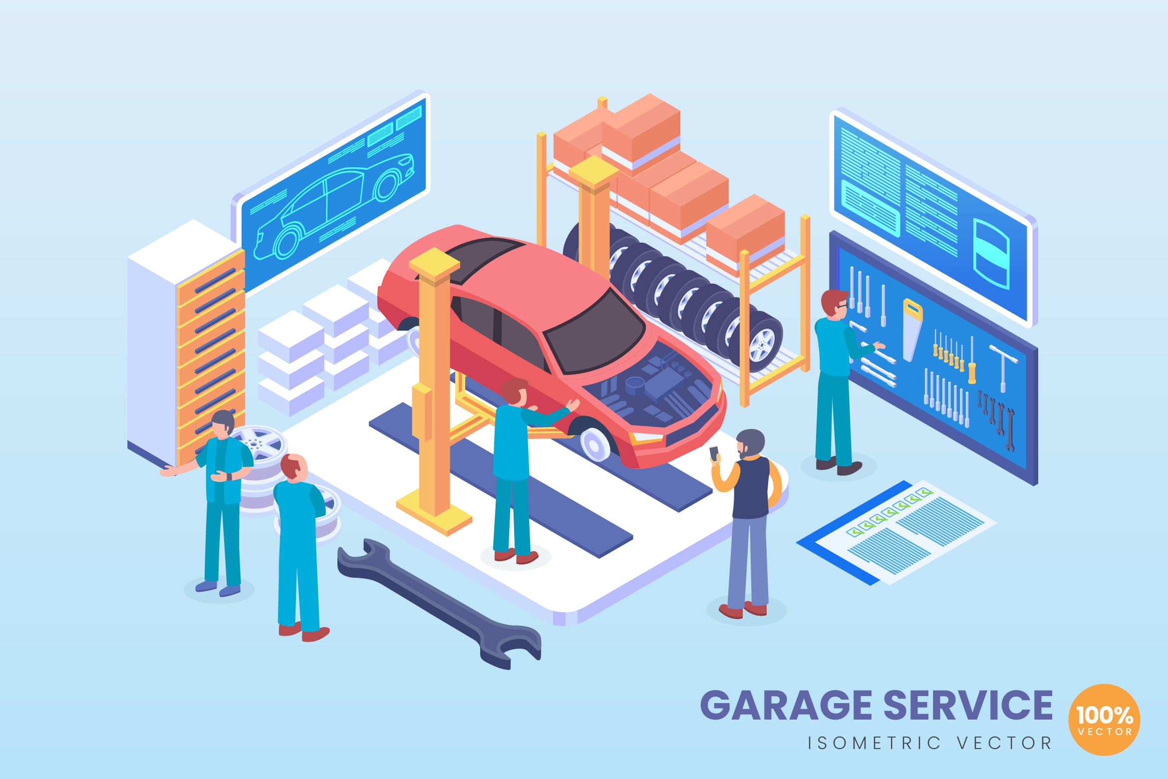 汽车维修检测场景2.5D等距概念矢量插画 Isometric Automobile Garage Service Vector Concept插图