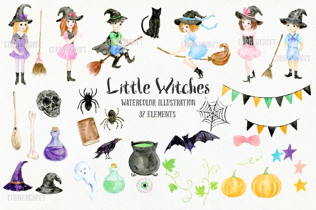 小女巫水彩元素设计套装 Little Witches Design Kit Watercolor插图(2)