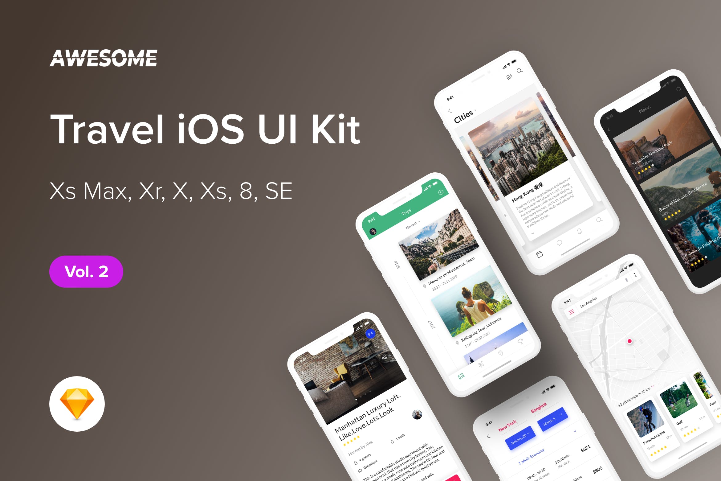 旅游门户APP应用UI设计套件SKETCH素材v2 Awesome iOS UI Kit – Travel Vol. 2 (Sketch)插图
