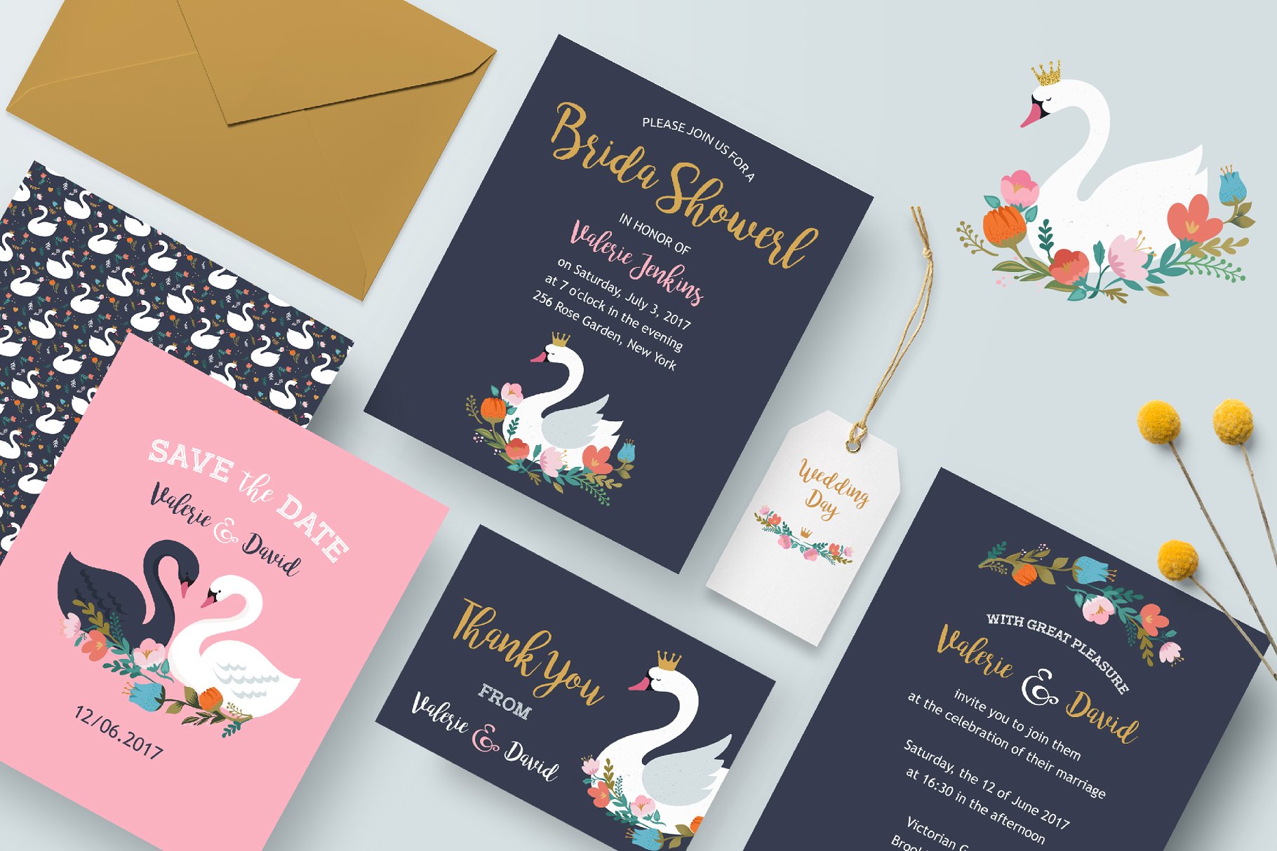 天鹅湖婚礼邀请函设计模板 Wedding set with Swan lake theme插图(5)