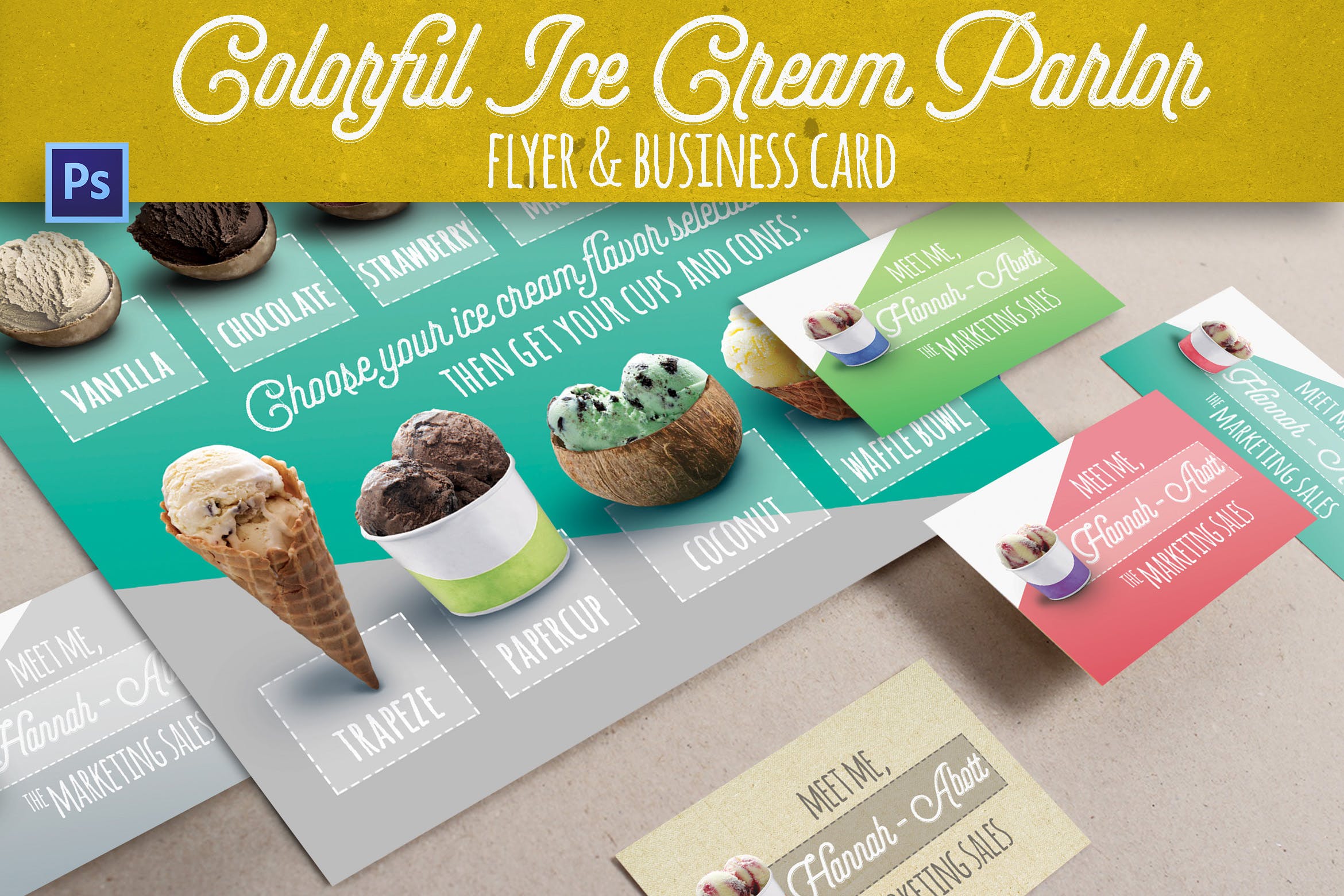 雪糕店宣传pop海报&名片设计模板素材 Modern Ice Cream Parlor Flyer插图