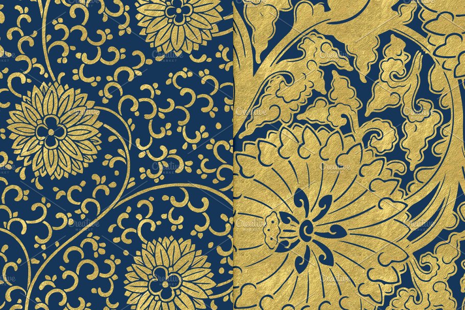 海军蓝和金色花卉图案背景 Navy and Gold Floral Backgrounds插图2