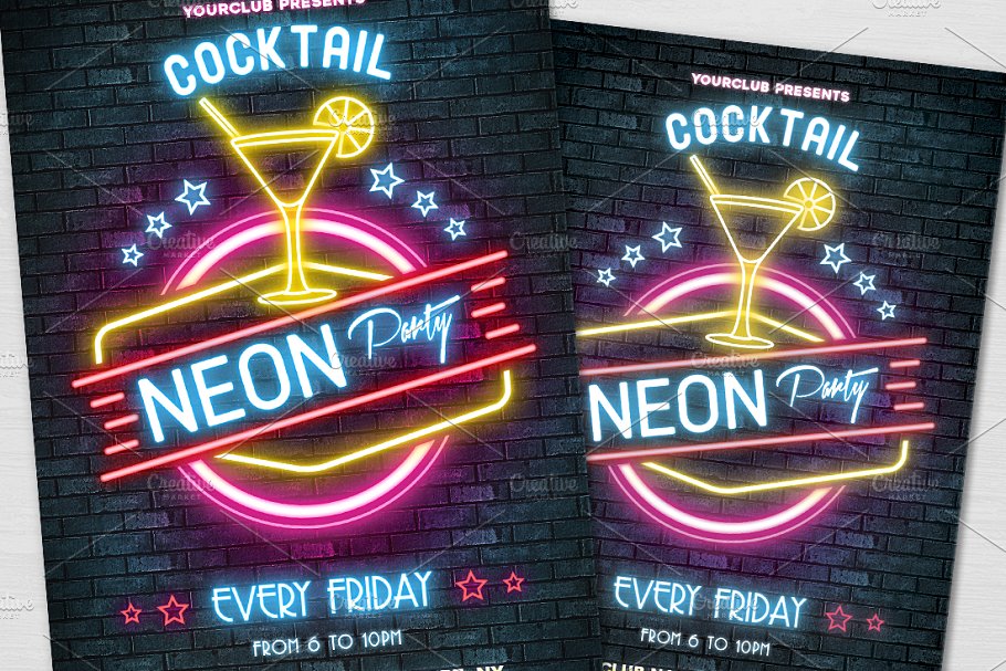 霓虹灯风格鸡尾酒派对活动海报模板 Neon Cocktail Party Flyer插图(1)