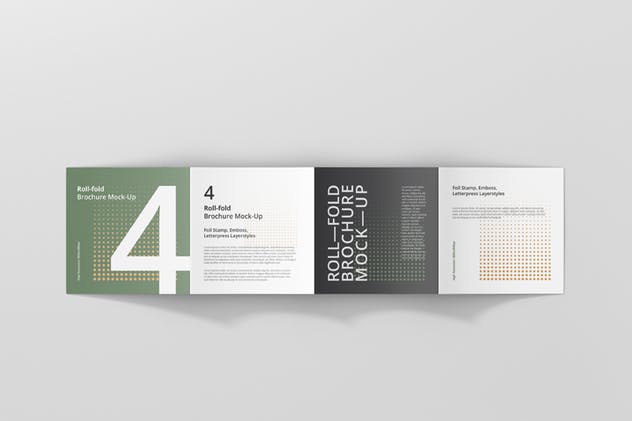 方形四折页折叠小册子传单样机 Roll-Fold Brochure Mockup – Square Format插图(4)