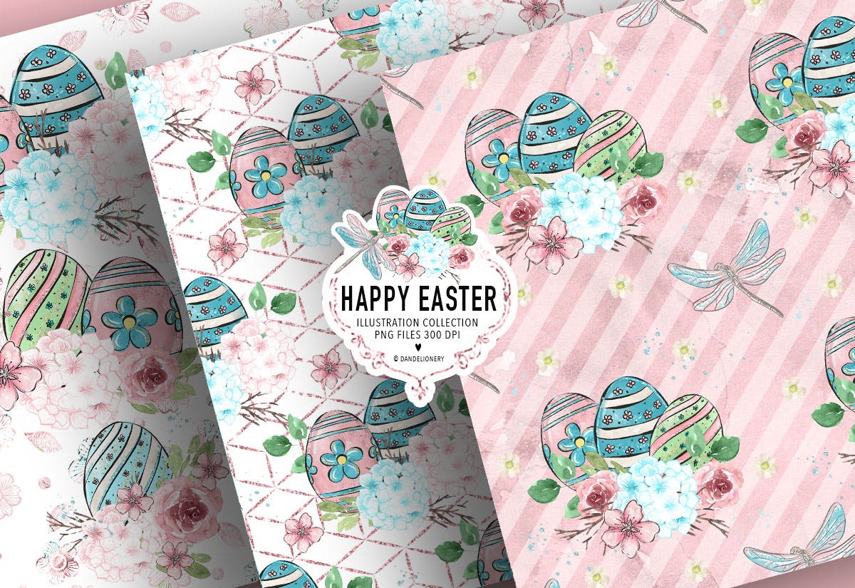 复活节蜻蜓水彩手绘数码纸张图案设计背景素材 Happy Easter dragonfly digital paper pack插图(3)