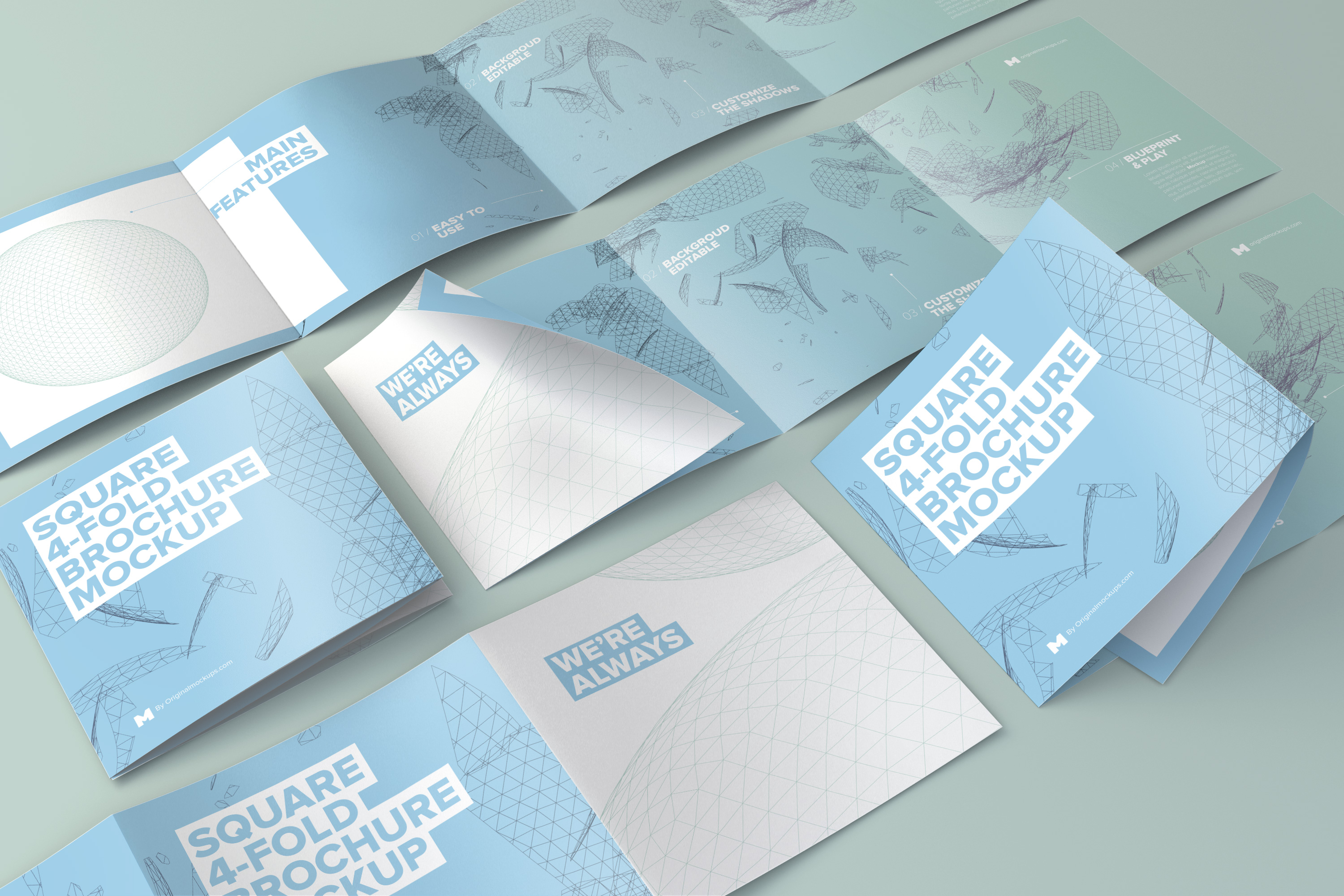 方形四折页小册子传单设计网格布局样机模板 Square 4-Fold Brochure Grid Layout Mockup插图