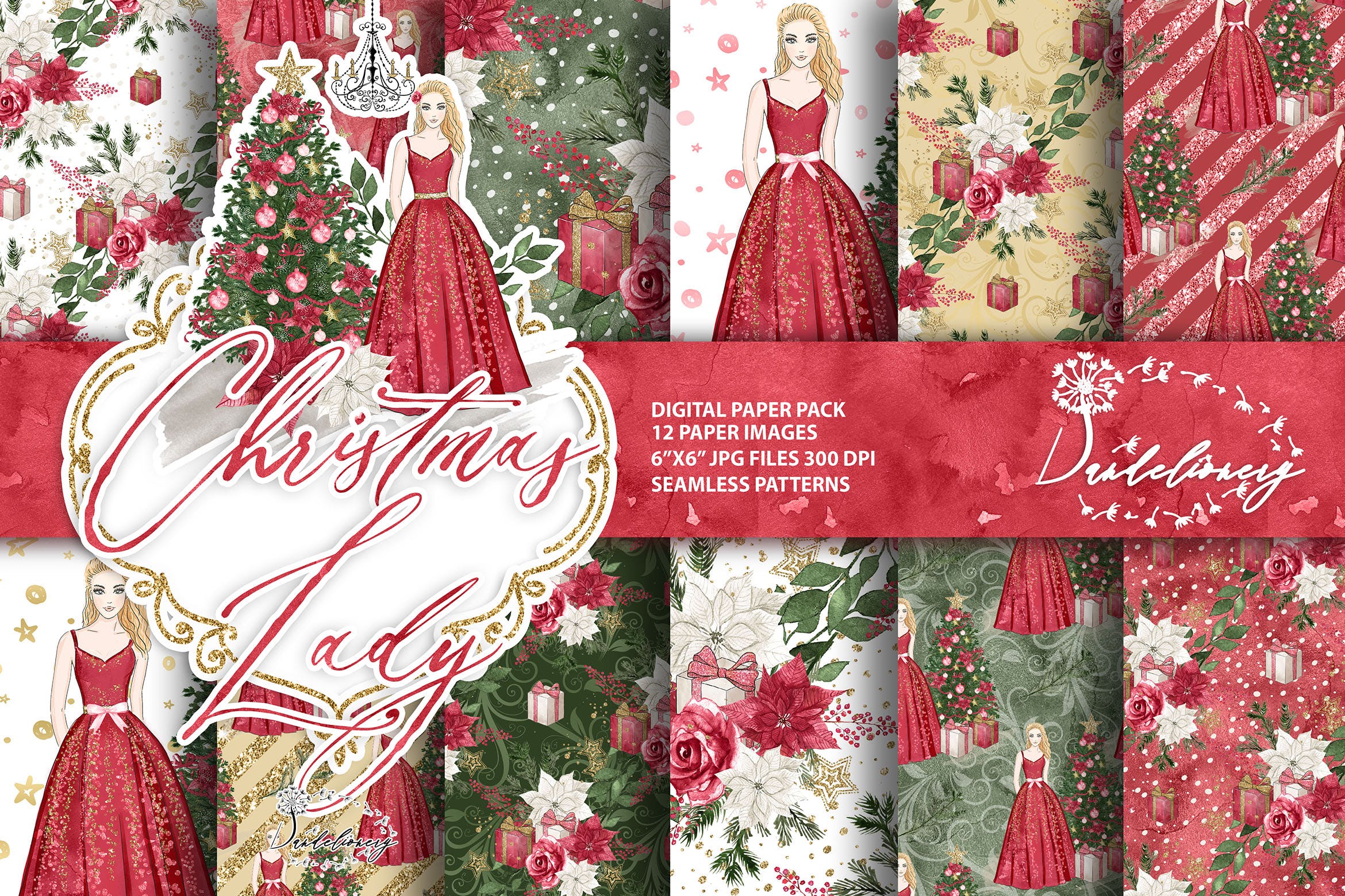 圣诞节&美女手绘图案数码纸张背景素材 Christmas Lady digital paper pack插图