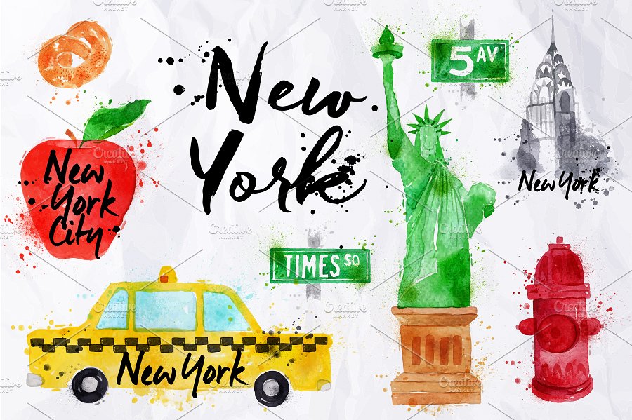 美国纽约特征标志插画 New York Symbols插图3