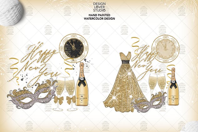 新年主题时尚金色闪亮水彩剪贴画插画 Happy New Year Gold design插图2