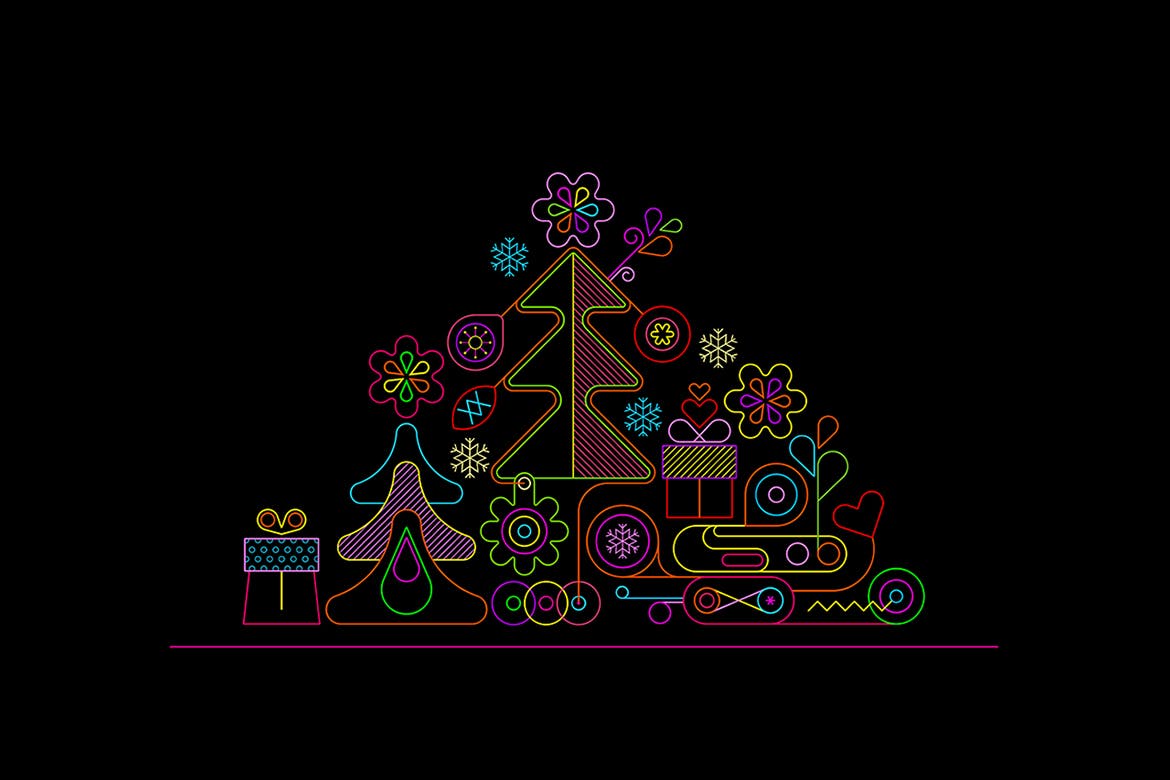 霓虹灯圣诞树线条艺术矢量插画素材 Christmas Tree Neon Design + 2 line art options插图