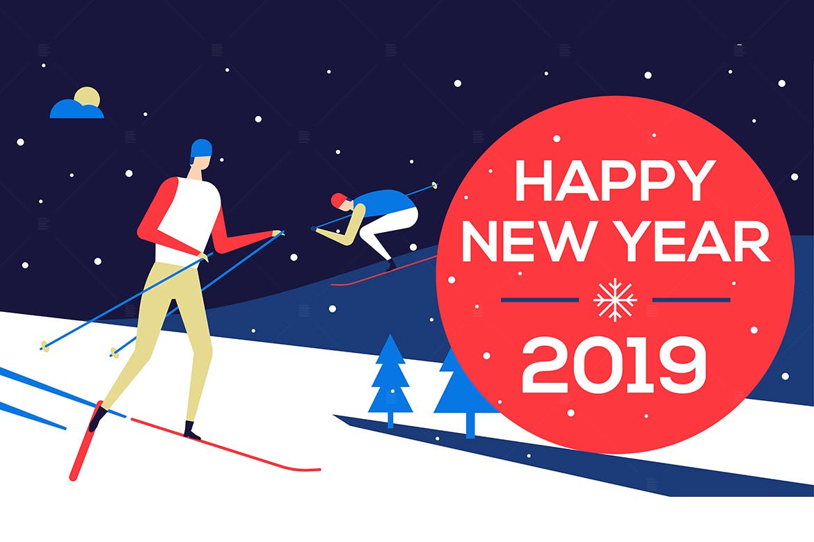 滑雪场景新年主题扁平化设计风格矢量插画 Happy new year 2019 – flat design illustration插图