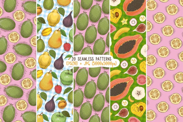 20款手绘水果图案无缝纹理第二波 Fruits Seamless Patterns Set插图(1)