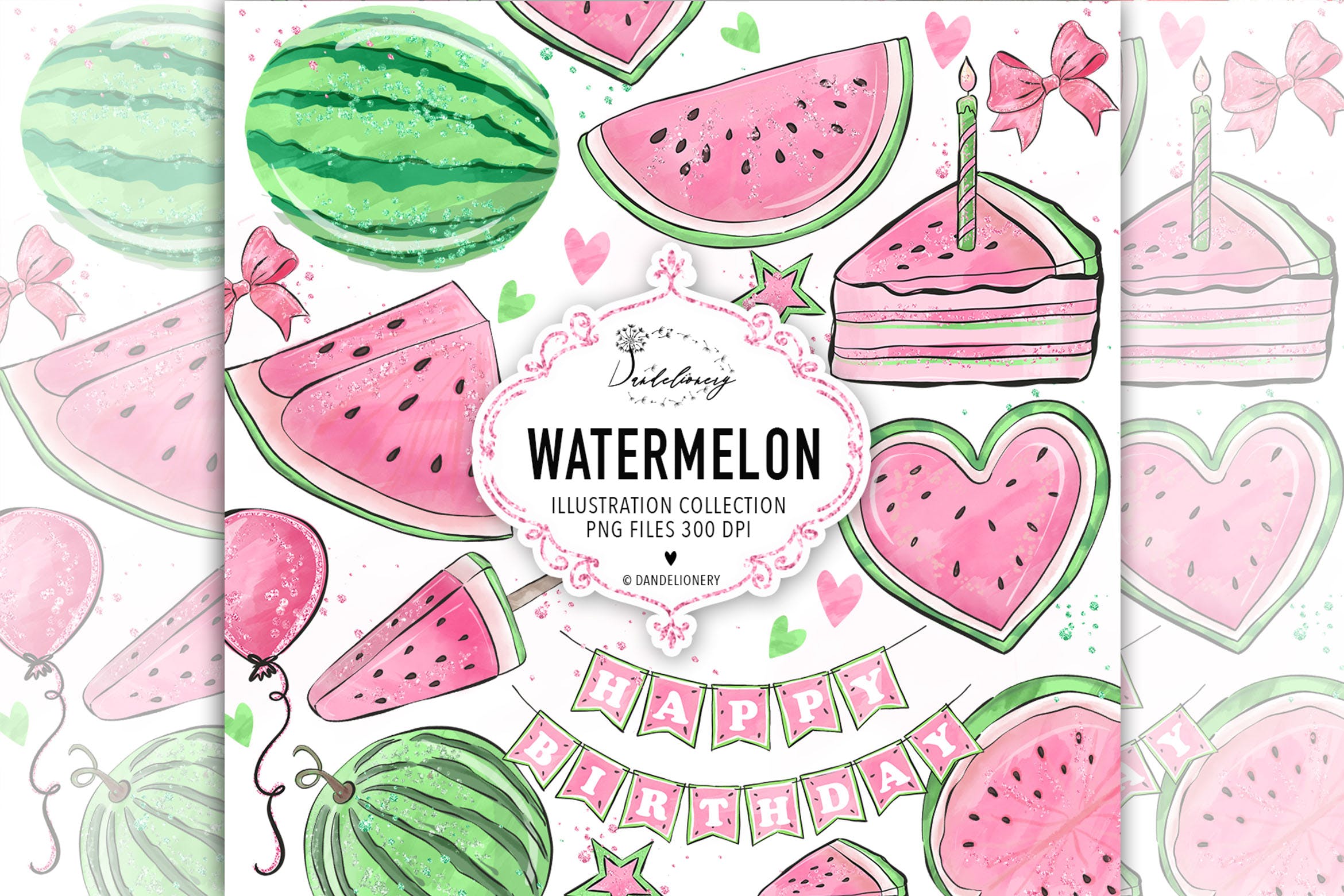 粉色西瓜瓣水彩剪贴画PNG素材 Watercolor Pink Watermelon Clipart插图
