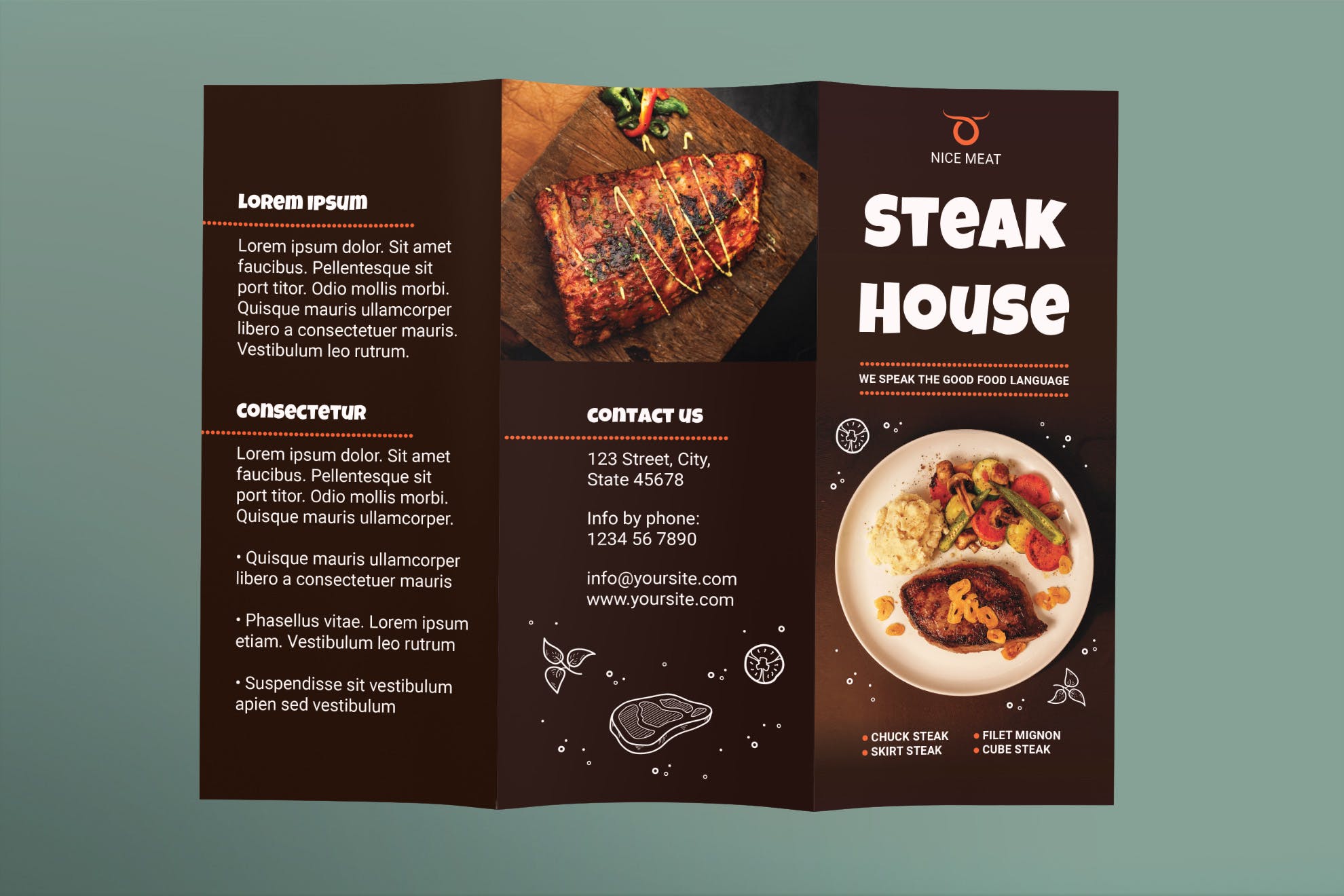 牛排西餐厅三折页设计传单模板 Steak House Brochure Trifold插图(1)