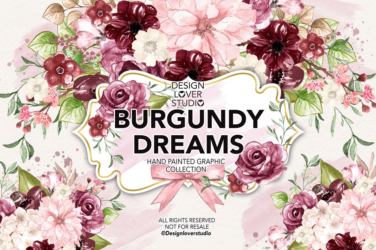 酒红色水彩花卉剪贴画设计套装 Watercolor BURGUNDY DREAMS design插图