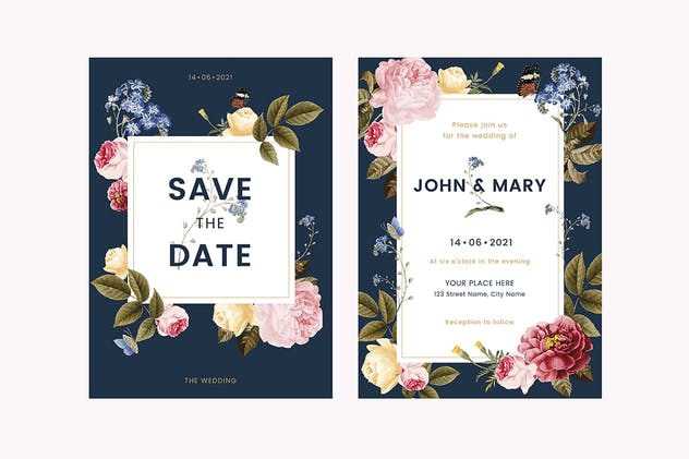 花卉装饰婚礼邀请函设计模板 Floral Wedding Invitation Card Template插图(2)