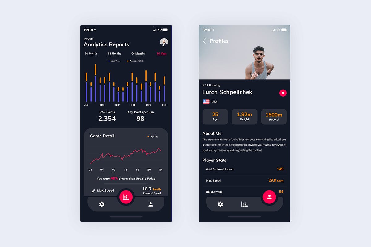 健身运动监测统计APP应用UI设计XD模板[夜间版本] Fitness Statistics Mobile App Dark Version (XD)插图(2)