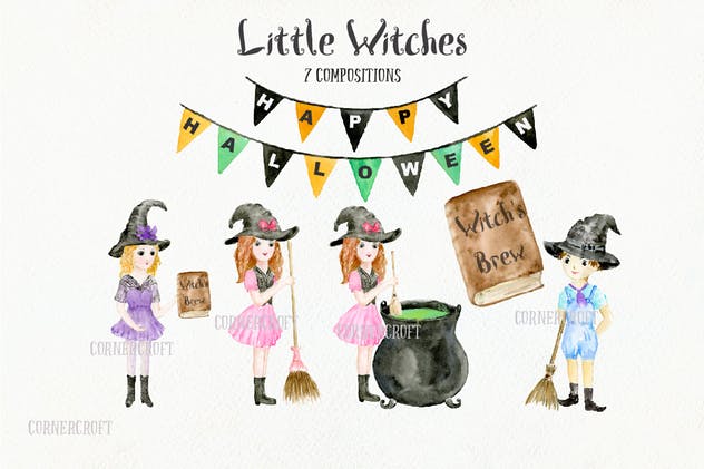小女巫水彩元素设计套装 Little Witches Design Kit Watercolor插图3