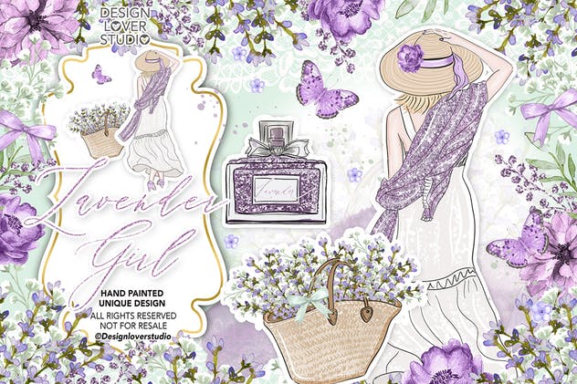 紫色薰衣草女孩水彩剪贴画设计素材 Lavender Girl design插图2