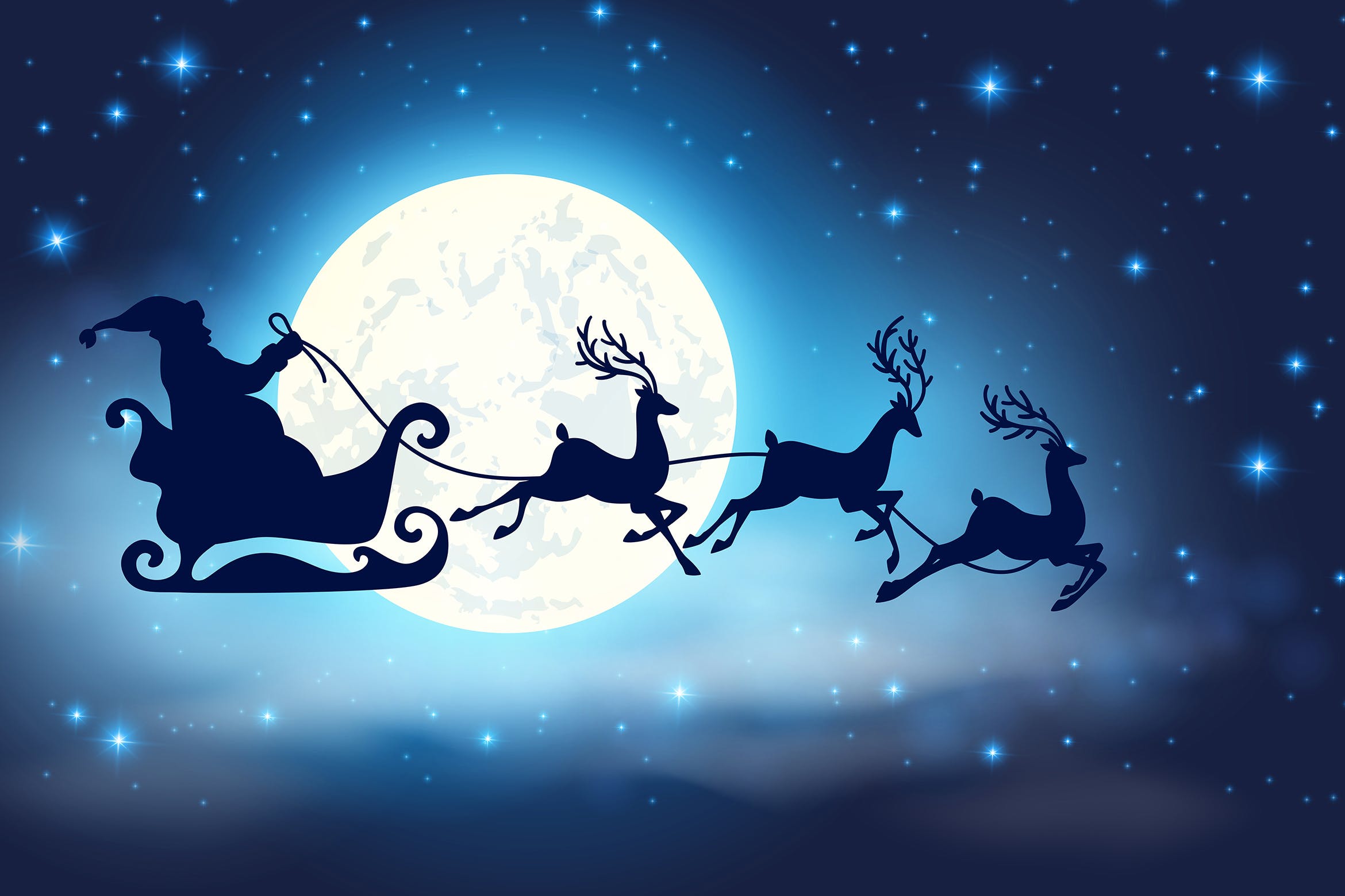 月光下的礼物圣诞老人矢量手绘插画素材 Christmas card with Santa Claus and Deer插图