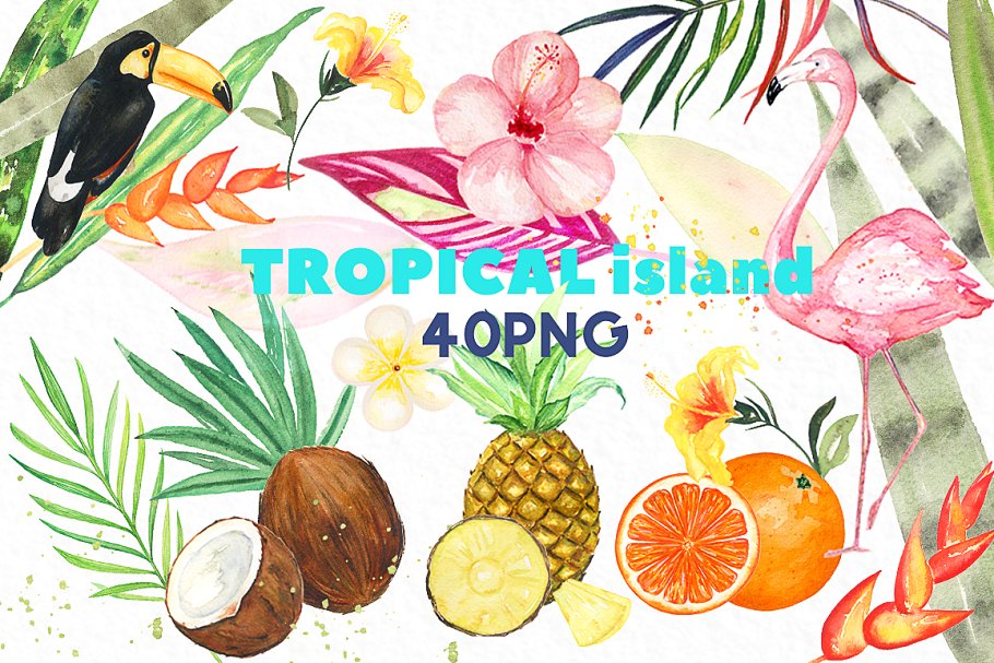 热带岛屿水彩剪贴画 Tropical islands. watercolor clipart插图(5)