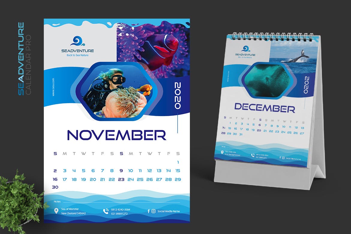 2020年潜水主题翻页台历设计模板 2020 Sea Activities Calendar Pro插图(6)