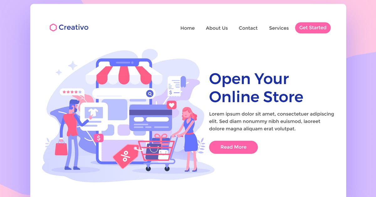 网站着陆页设计在线商店Web购物插画素材 Open Online Store Web Landing Page Illustration插图