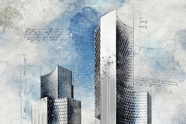 建筑素描效果一键生成PS动作 Architecture Sketch and Blueprint Photoshop Action插图(1)