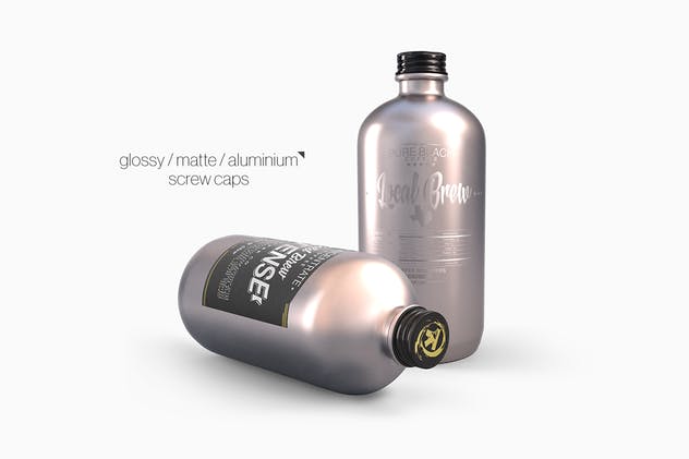 塑料金属啤酒圆瓶酒瓶外观设计样机模板 Plastic Metal Boston Round Bottles Mockup插图(2)