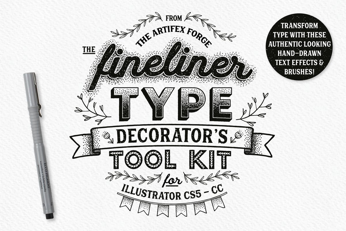 字体文本手绘装饰元素AI设计工具套件 Fineliner Type Decorator’s Tool Kit插图