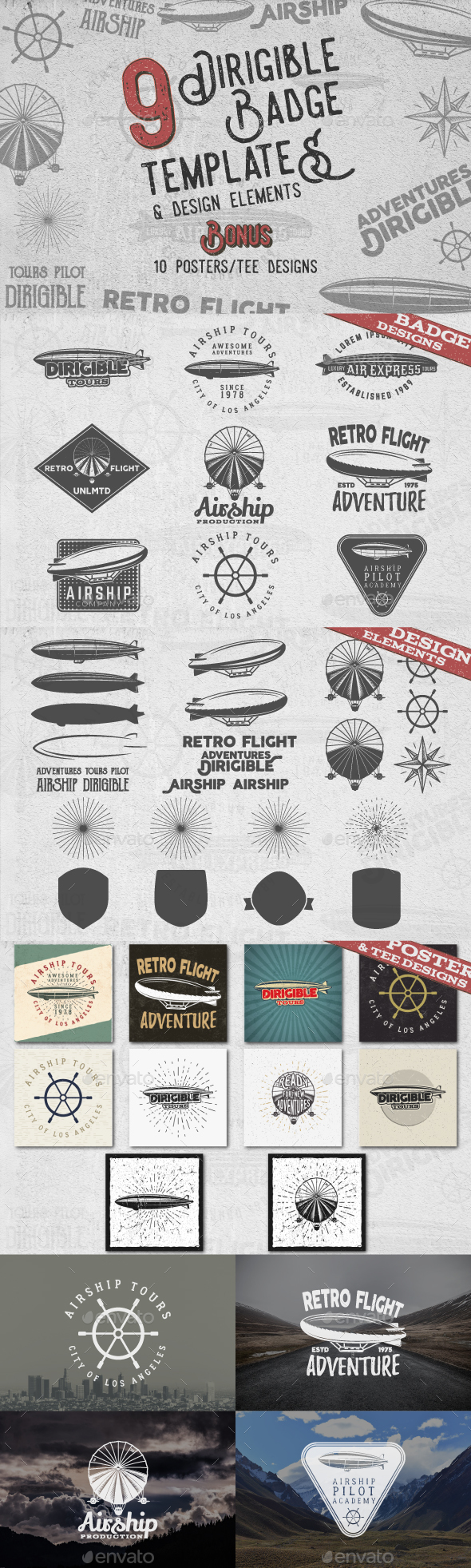 老式飞艇飞船标志设计素材集 Dirigible Badges & Design Elements插图