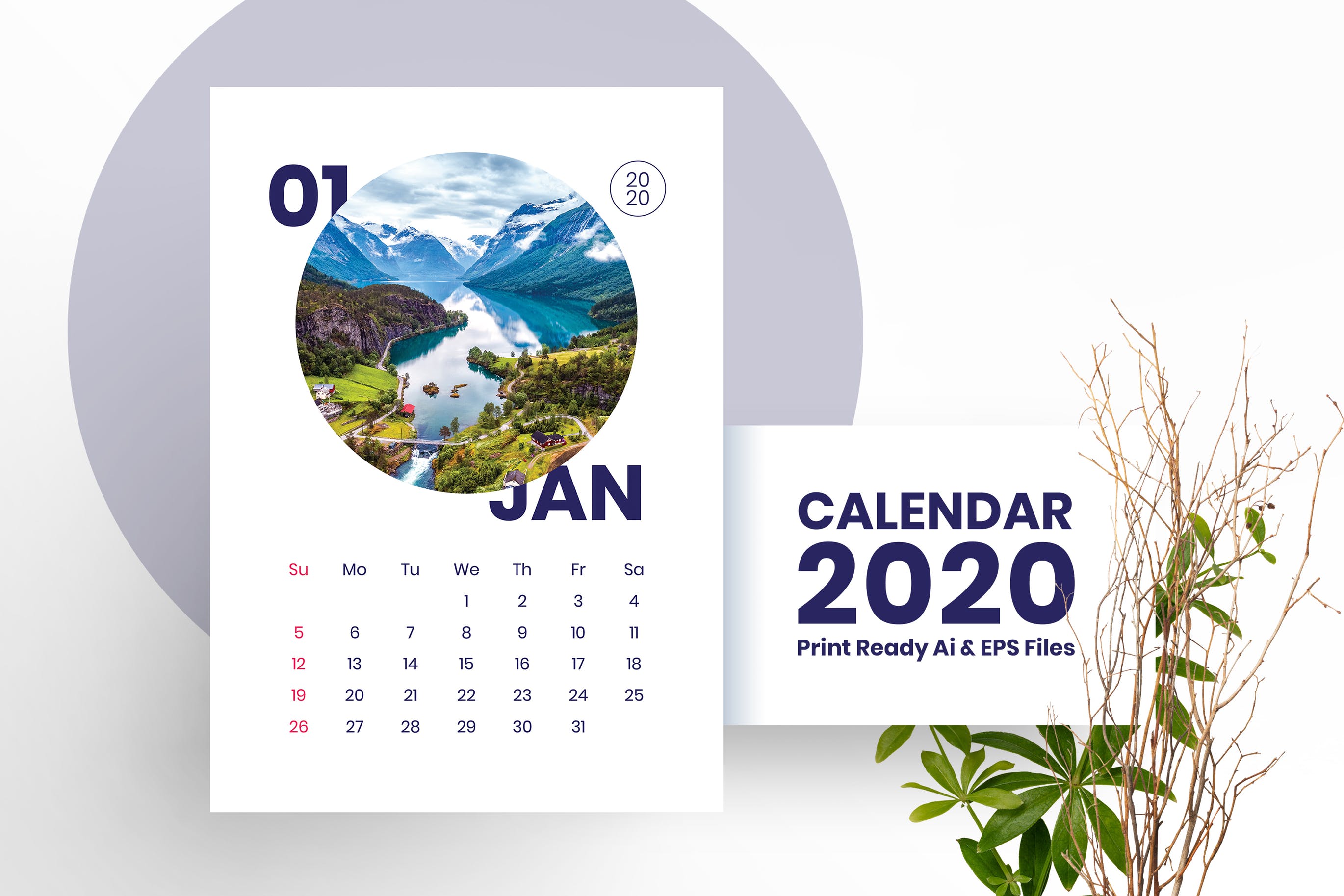 2020年风景日历年历设计模板 Calendar插图