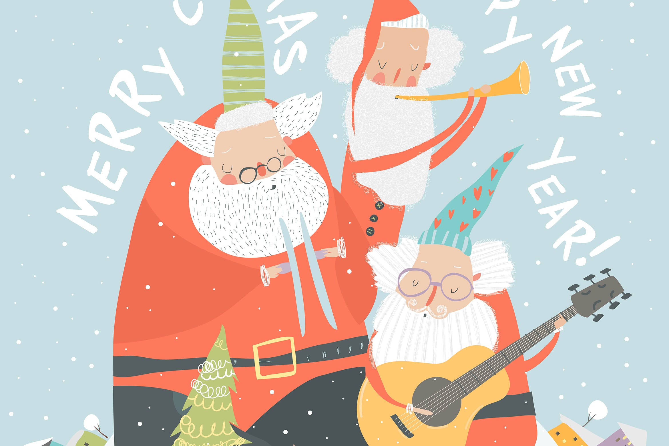演奏乐器圣诞老人矢量手绘设计素材 Funny Santa Clauses playing musical instruments. V插图
