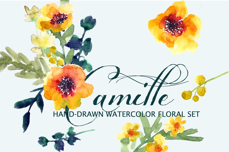 水彩阳光暖黄色花卉素材 Camille- Watercolor Clip Art Set插图1