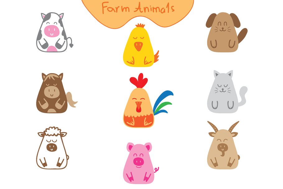 手绘涂鸦农场动物设计元素图案 Doodle farm animals插图2