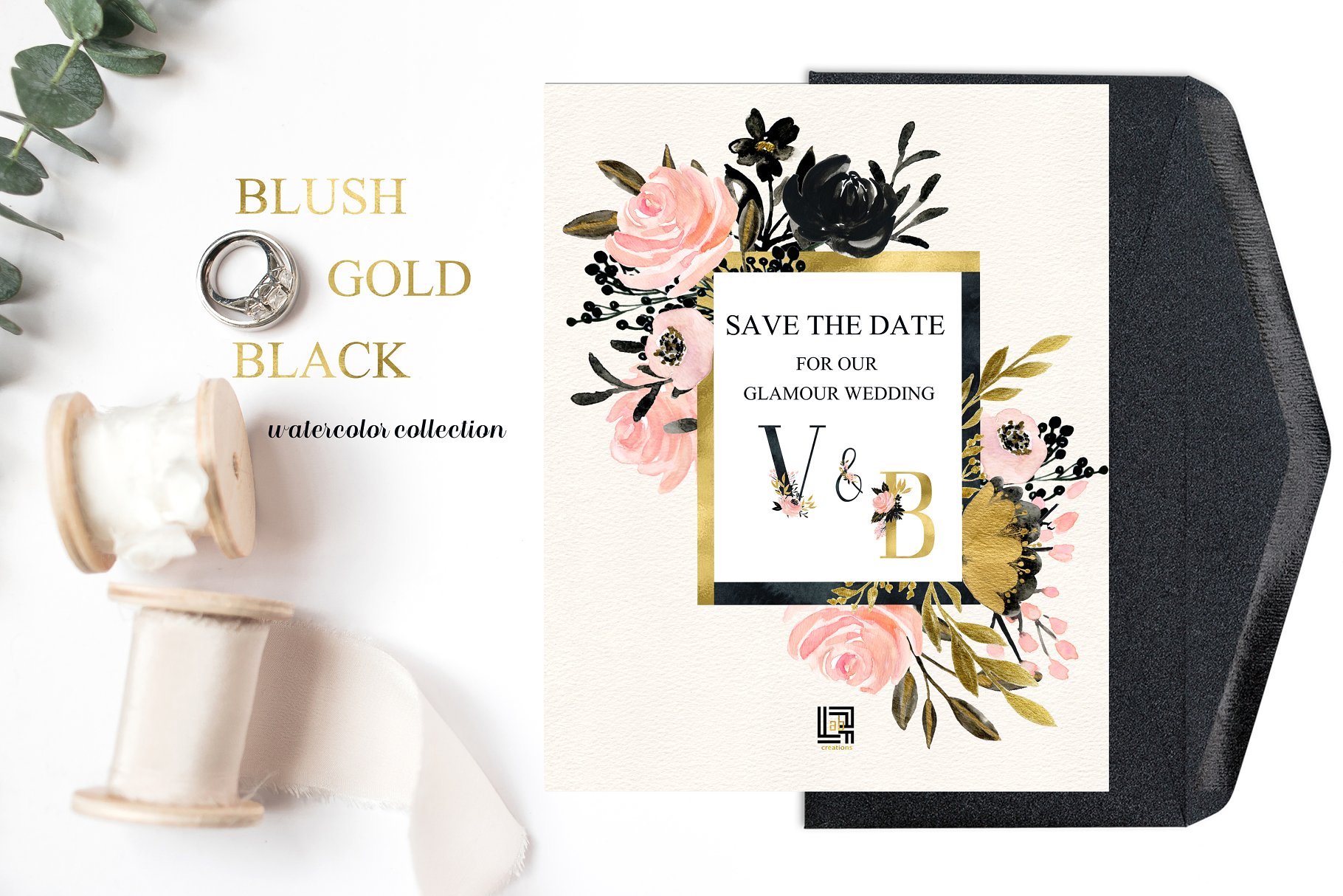 胭脂黑金水彩花卉剪贴画 Blush Gold Black. Floral graphics.插图