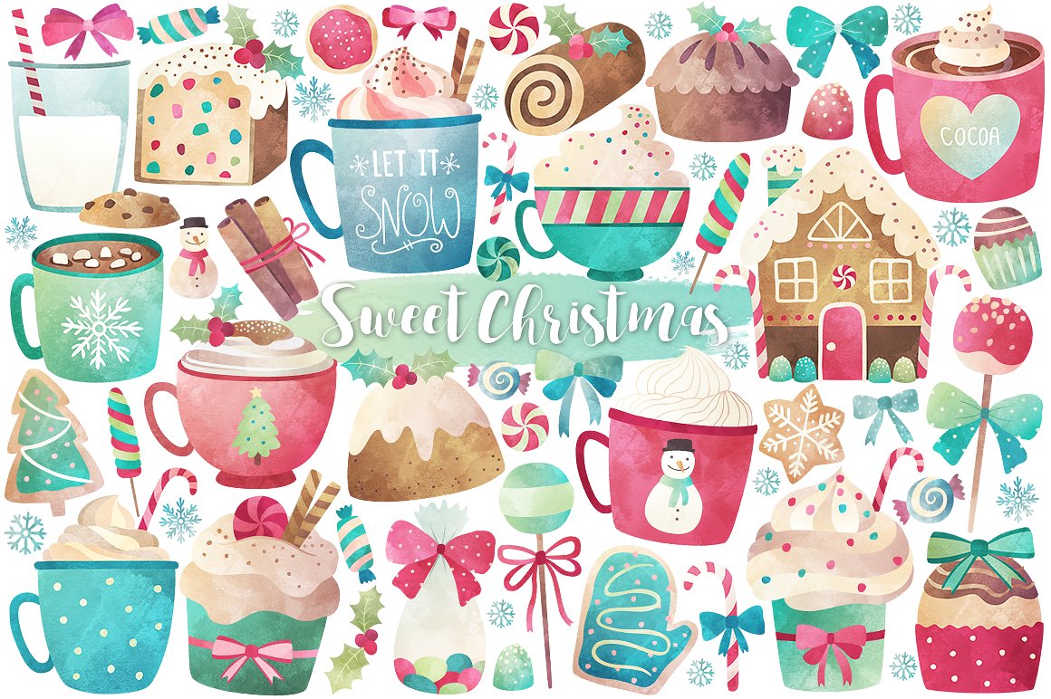 水彩画圣诞树&糖果插画元素 Watercolor Christmas Treats & Sweets插图