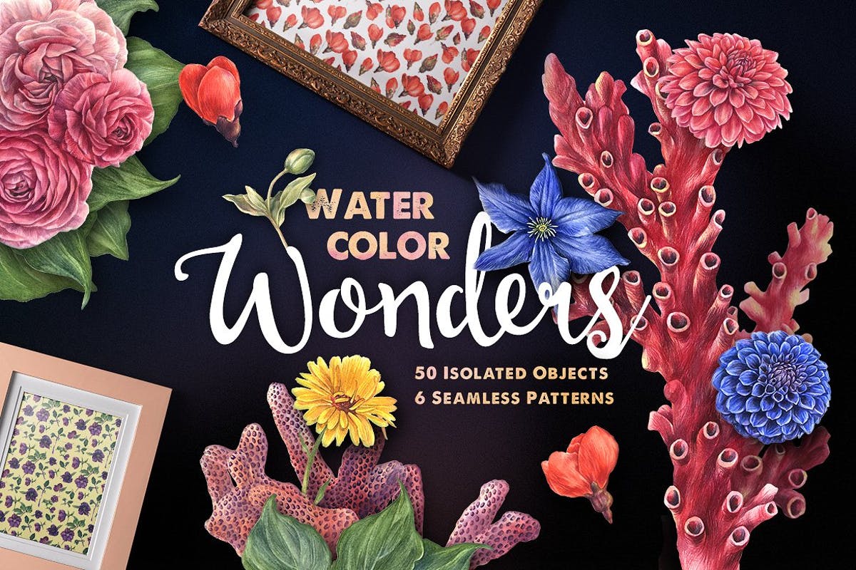 华丽的水彩奇观矢量图案设计套装 Watercolor Wonders Graphic Kit插图