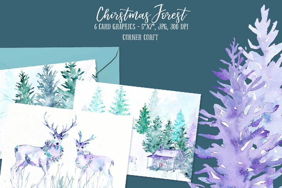 圣诞节奇幻森林水彩插画 Watercolor Christmas Forest插图6