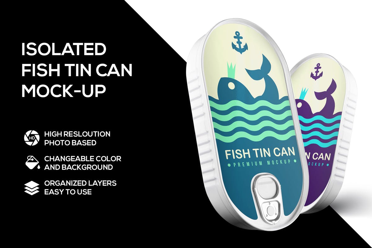 海鲜制品鱼罐头包装样机 Fish tin can mockup插图